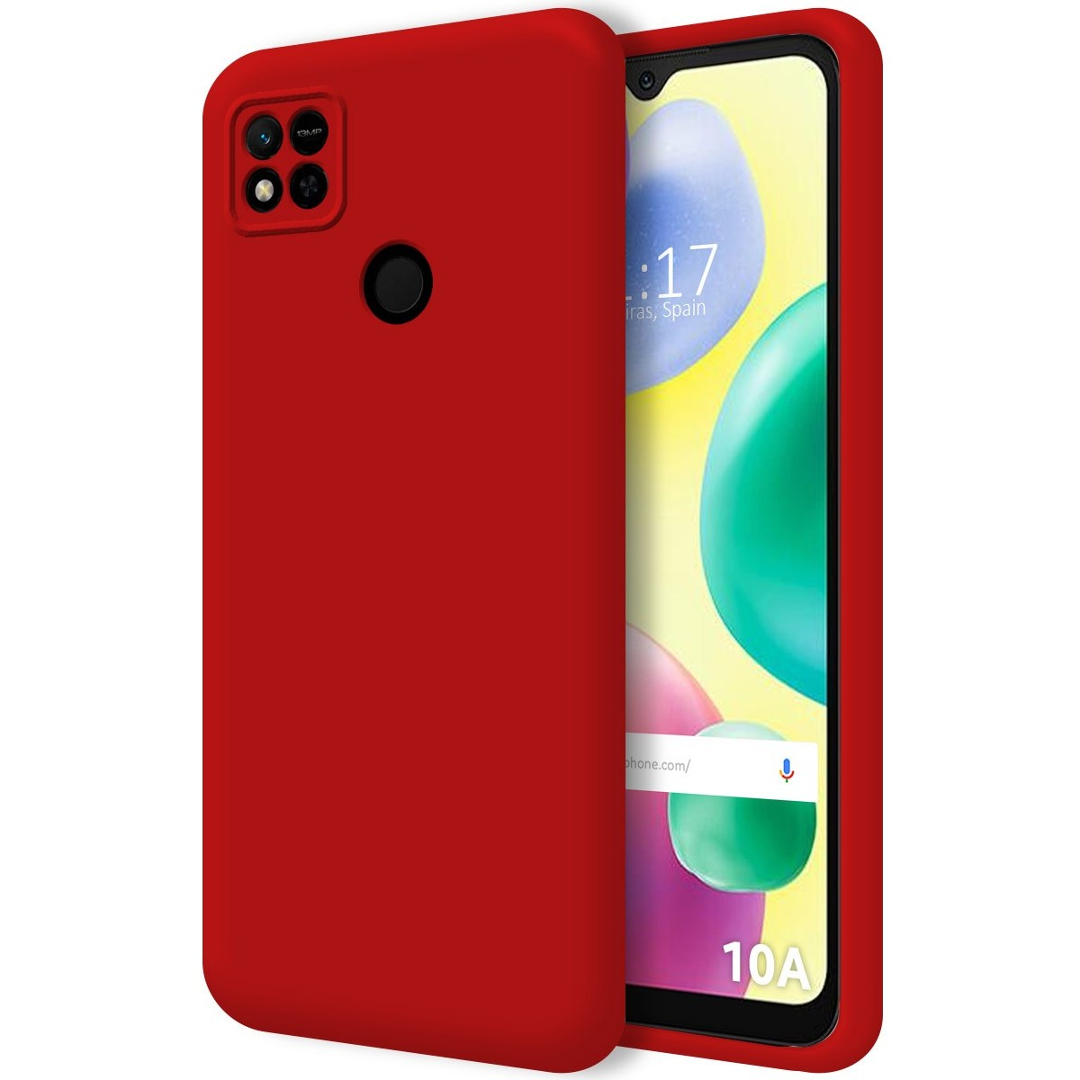 Custodia del telefono rossa e schermo del telefono con uno sfondo verde e giallo.