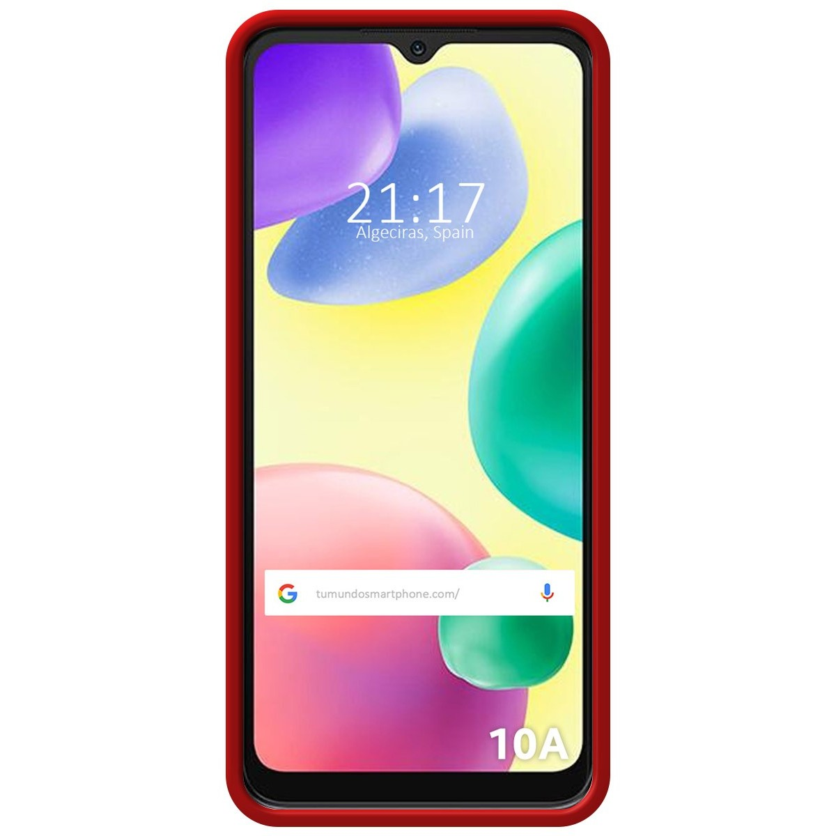 Schermo del telefono che mostra un display dell'ora e una barra di ricerca, con una custodia rossa.