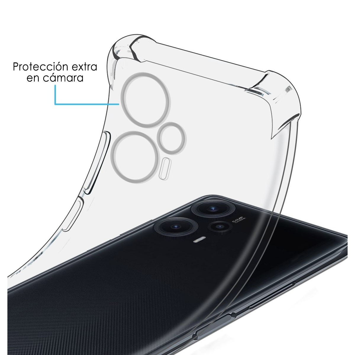 Custodia trasparente per telefono su un telefono nero. Il testo indica una protezione extra per la fotocamera. Il telefono mostra doppie fotocamere.