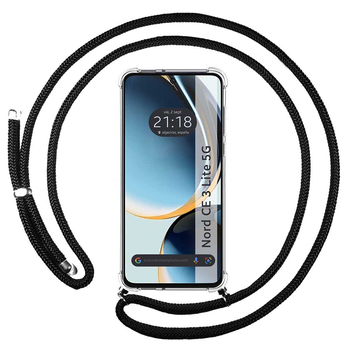 Telefono e cordino nero con schermo che mostra ora e data.