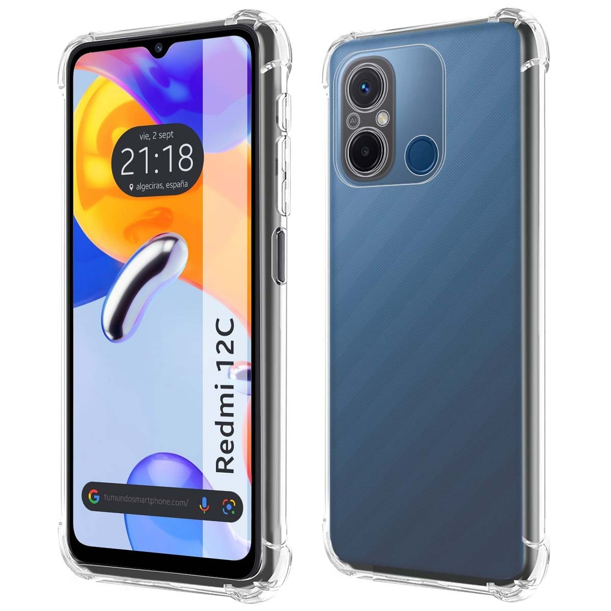 Custodia: trasparente con schermo che mostra ora, posizione e Redmi 12C.