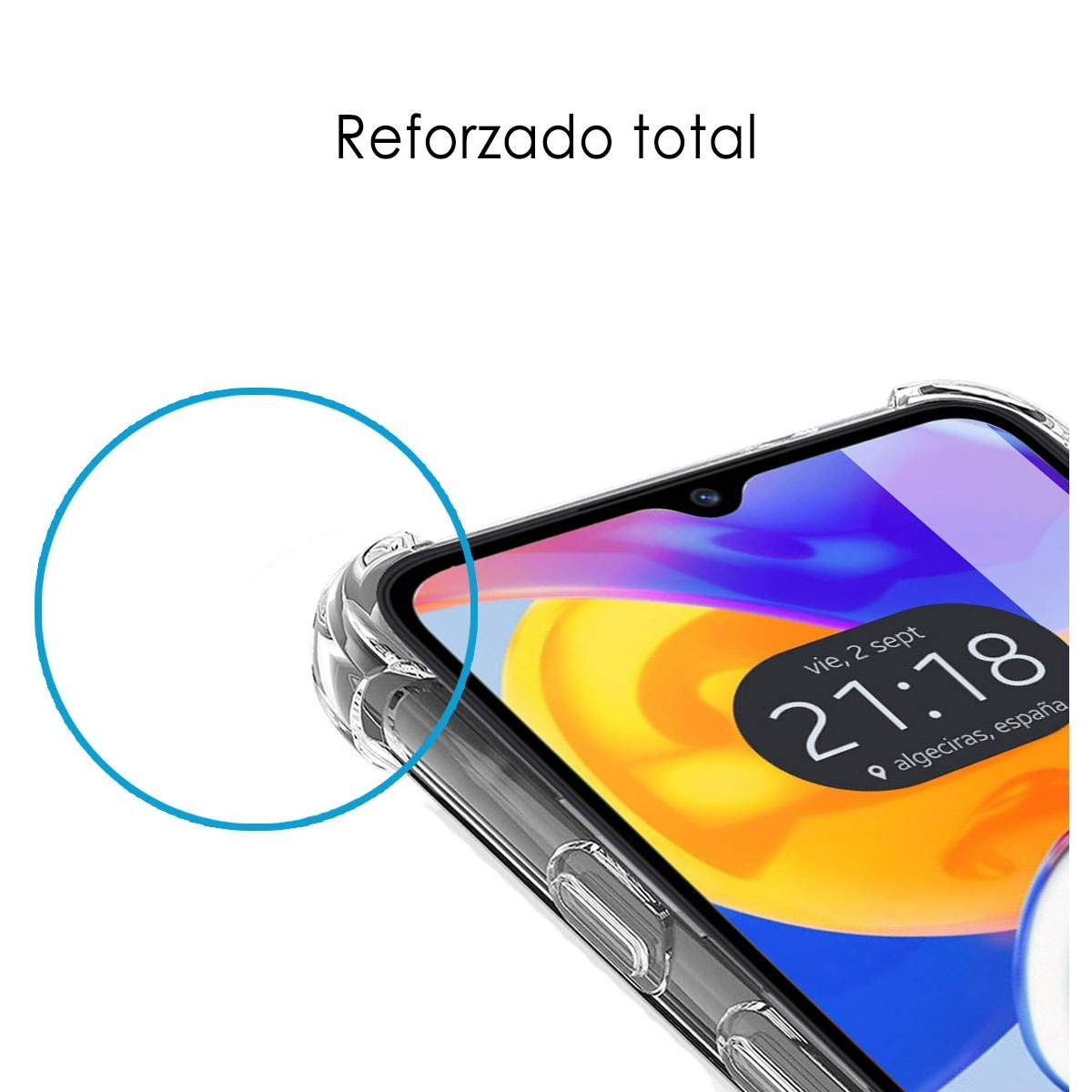 Custodia con cornice trasparente e telefono che mostra ora e data, testo sullo schermo.