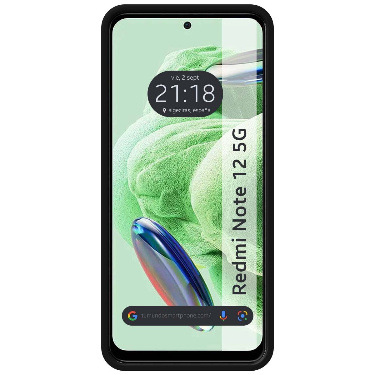 Uno schermo del telefono che mostra l'ora 21:18. Il telefono dice Redmi Note 12 5G. Lo sfondo è verde.