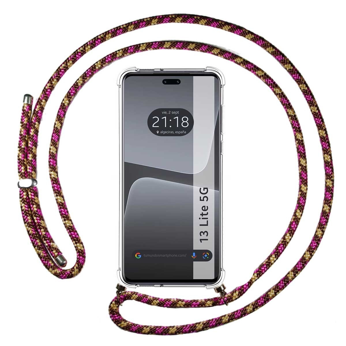 Telefono con cinturino. Schermo telefono mostra l'ora.