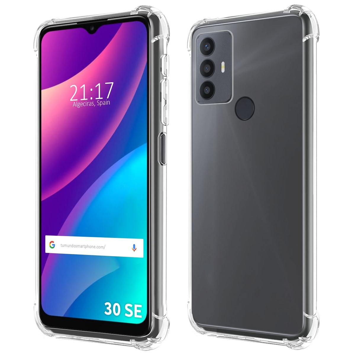 Una custodia trasparente e schermo del telefono con l'ora.