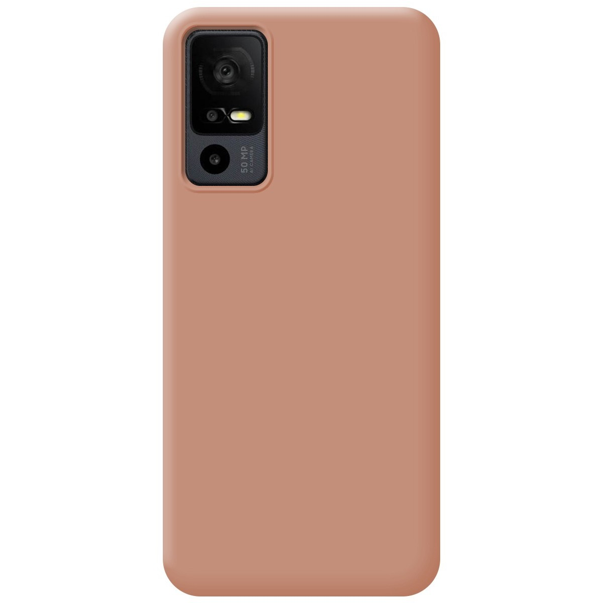Una custodia per telefono tinta unita, color pesca, con ritagli per la fotocamera.