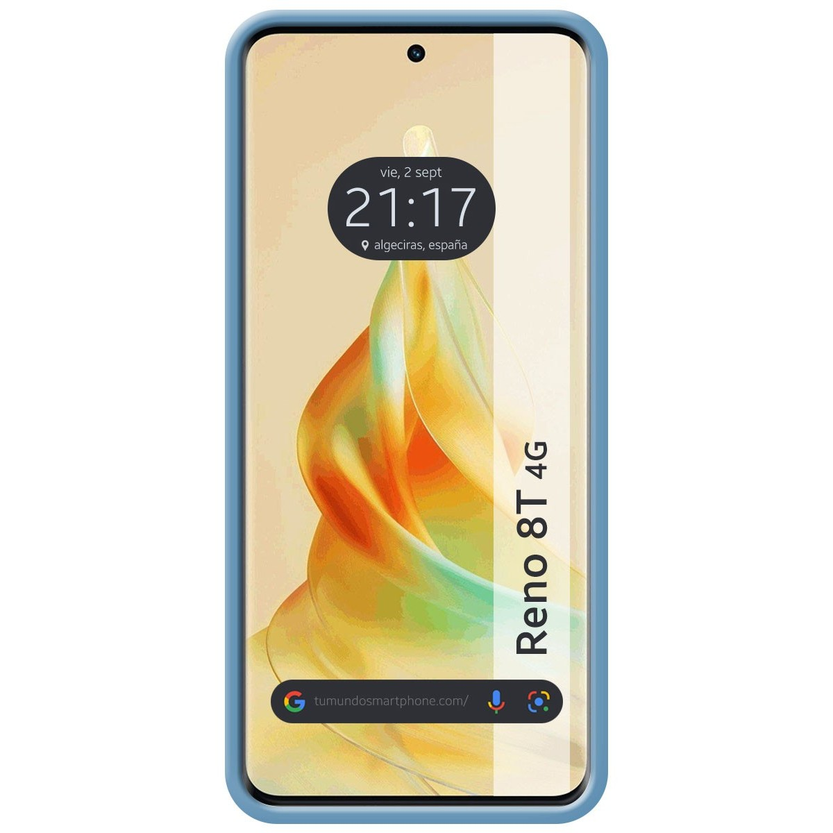 Lo schermo mostra ora e posizione. Il telefono è Reno 8T 4G. Il telefono è in una custodia azzurra.