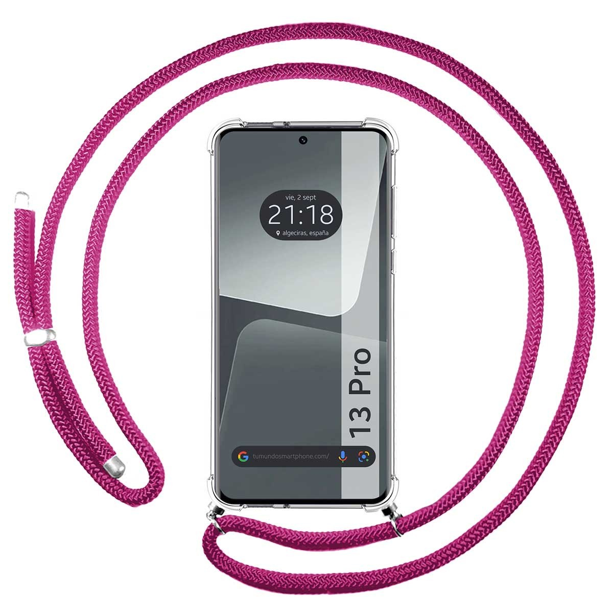 Un telefono con un cordino rosa attaccato. Il telefono mostra l'ora e la data.