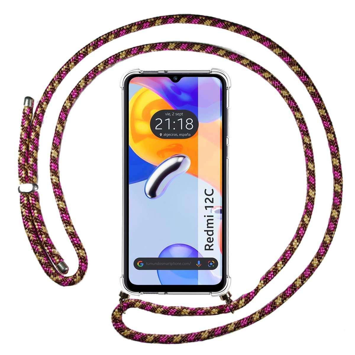 Telefono con cinturino fantasia. Lo schermo del telefono mostra ora/data. Il cinturino è rosa e marrone.