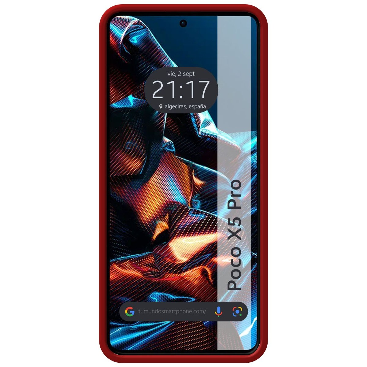 Telefono, custodia rossa, Poco X5 Pro. Schermo mostra ora, data, luogo e grafica.
