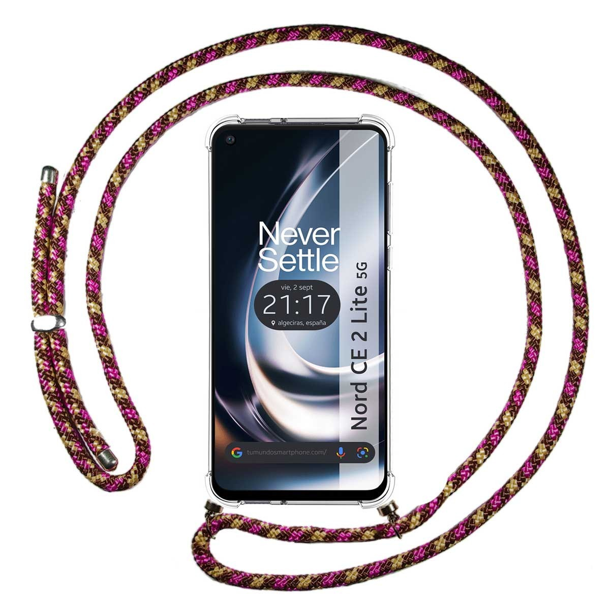 Telefono con un cordino attorno. Lo schermo mostra l'ora 21:17 e il nome del modello.