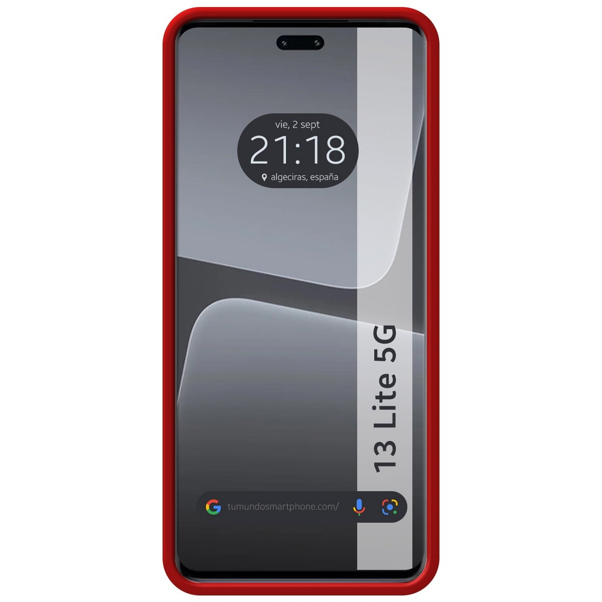 Custodia per telefono rossa con uno schermo che mostra l'ora e il luogo. Lo schermo è grigio e bianco.