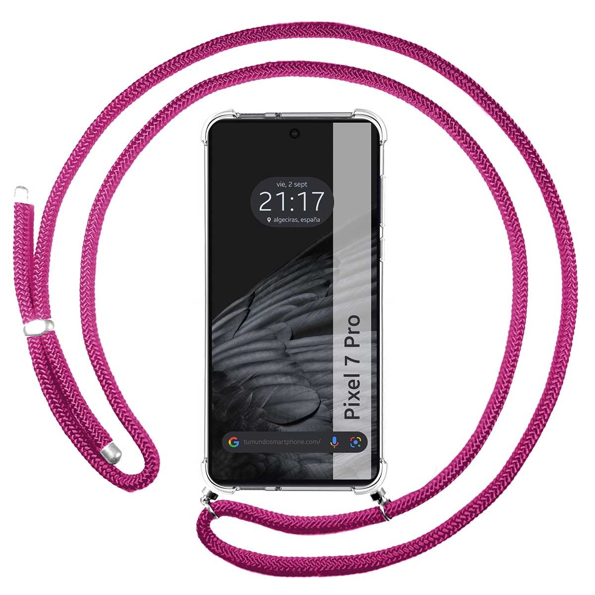 Telefono in custodia trasparente con corda magenta. Lo schermo mostra data e ora. Il telefono è a fuoco.