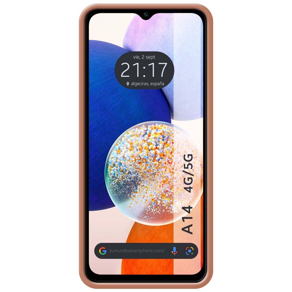 Custodia del telefono con design astratto. Lo schermo mostra l'ora.