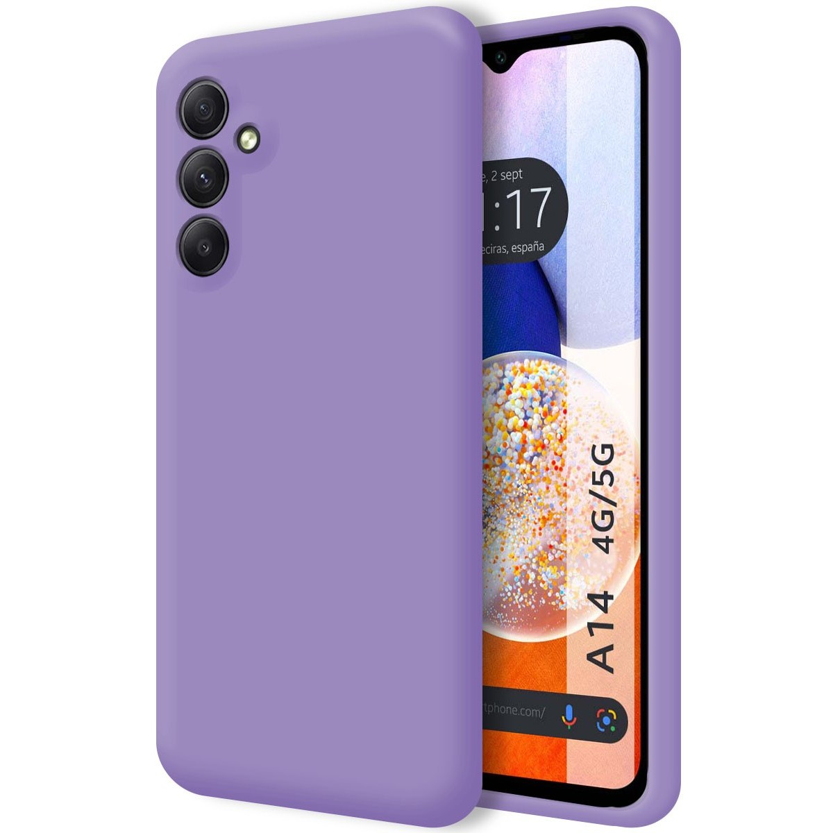 Telefono e custodia viola. Lo schermo mostra l'ora e il nome del telefono.
