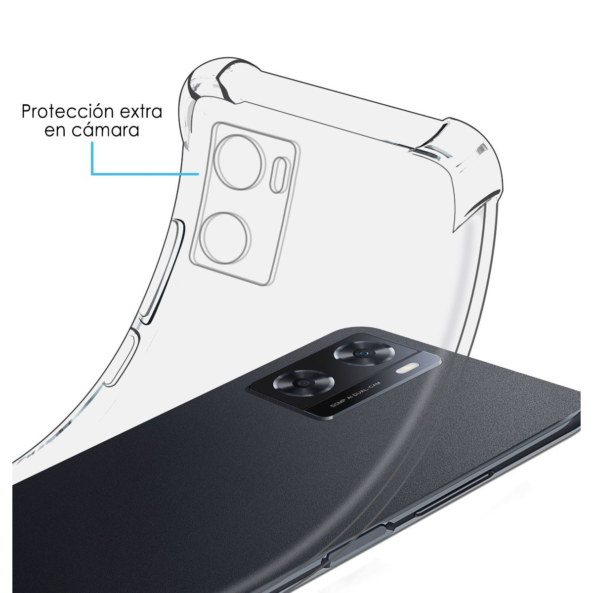 Teléfono, funda transparente con protección de cámara adicional y parte trasera oscura.