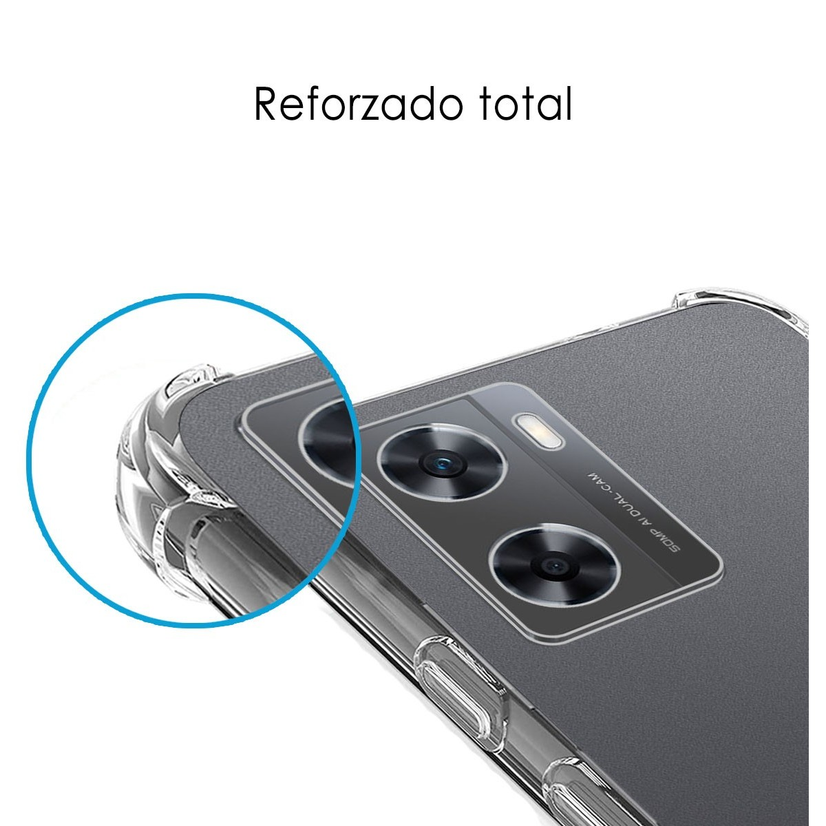 Primer plano de una funda con cubierta transparente y etiqueta "Reforzado total".