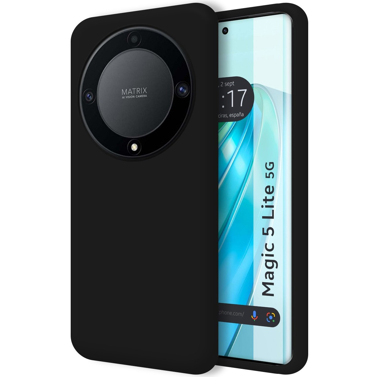 Funda de teléfono negra con diseño de cámara circular. El teléfono es un Magic 5 Lite 5G.