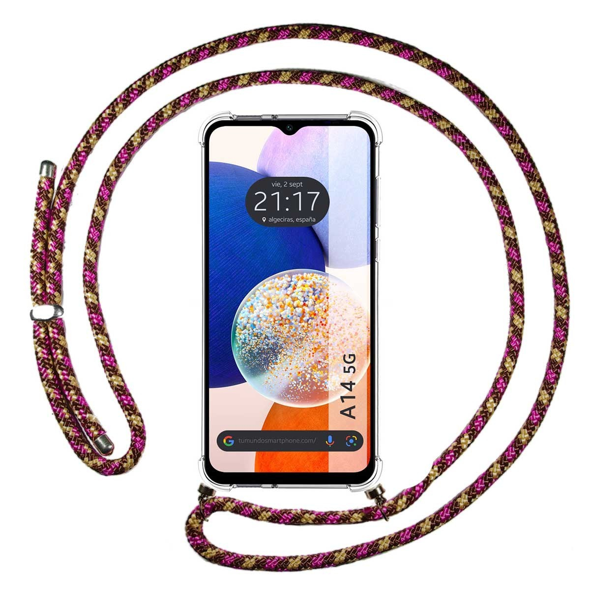 Telefono con cordino. Lo schermo mostra un design astratto colorato e l'ora.