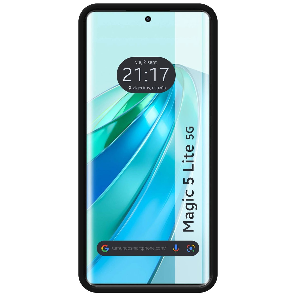 Teléfono con visualización de la hora en pantalla, con marco negro.