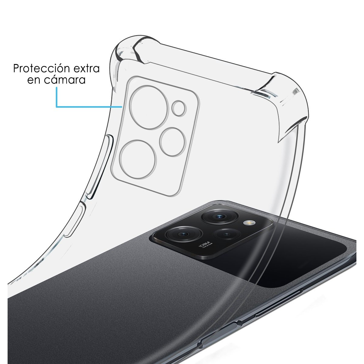 Una custodia trasparente che protegge la fotocamera del telefono è visibile.