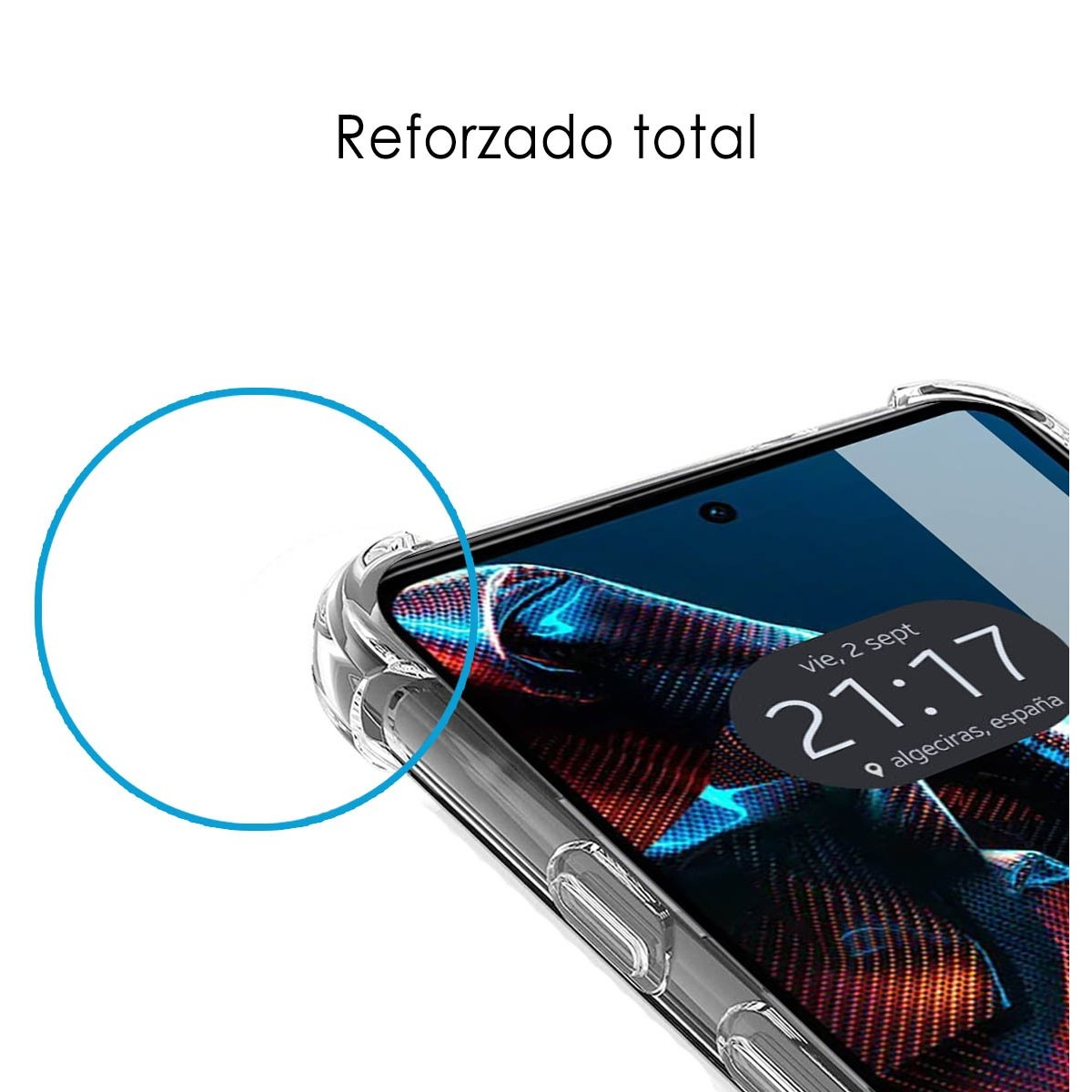 Custodia per telefono con design trasparente. Lo schermo del telefono mostra ora e data.