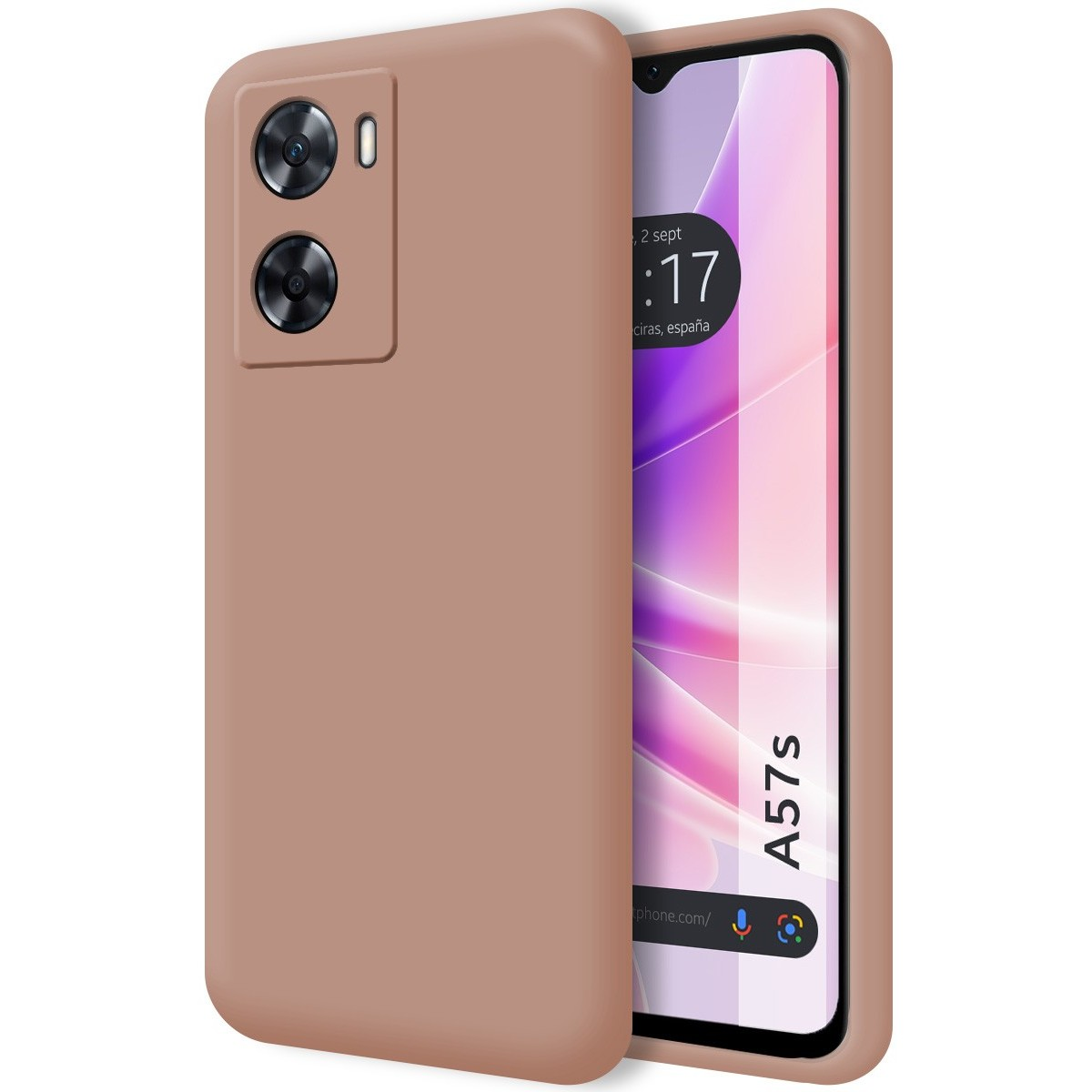Custodia per telefono di colore marrone chiaro. Lo schermo del telefono è visibile, mostrando l'ora. La custodia è marrone.