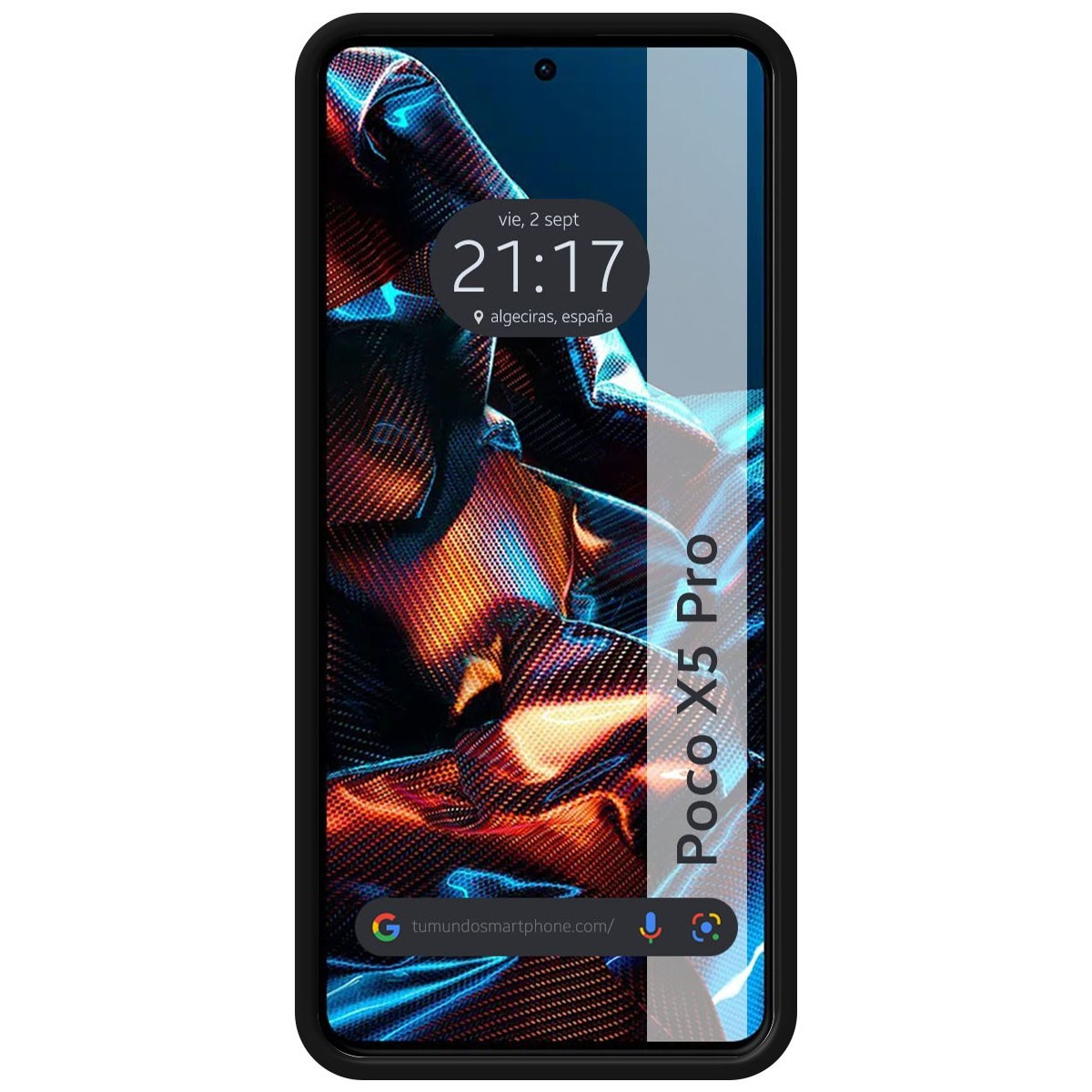 Telefono nero con un design astratto blu e arancione visualizzato sullo schermo.