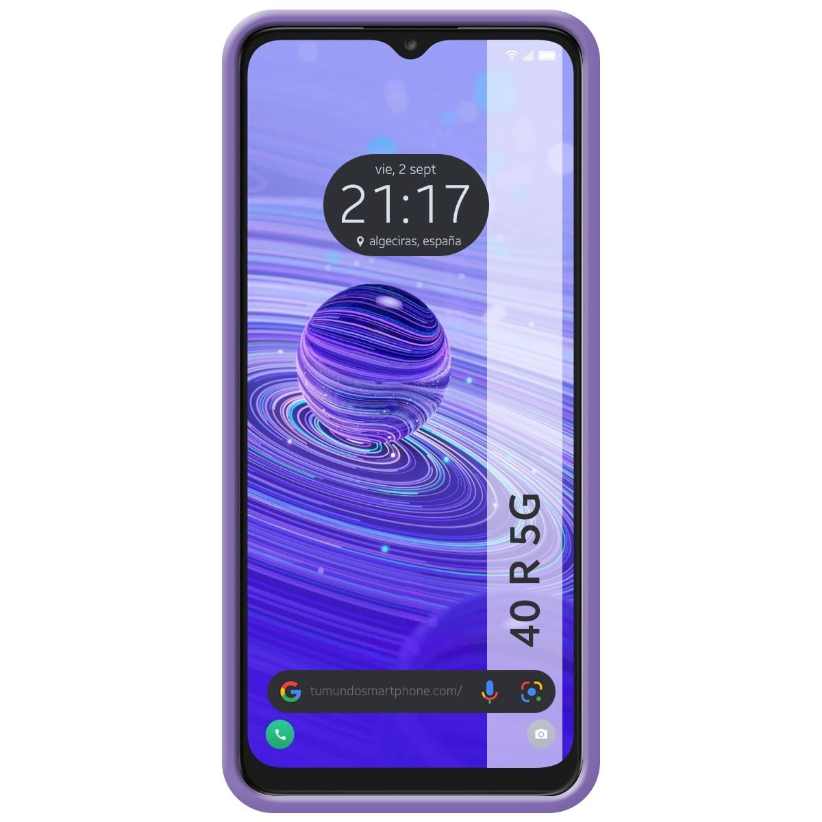 Il telefono ha una custodia viola e lo schermo mostra ora e icone app.
