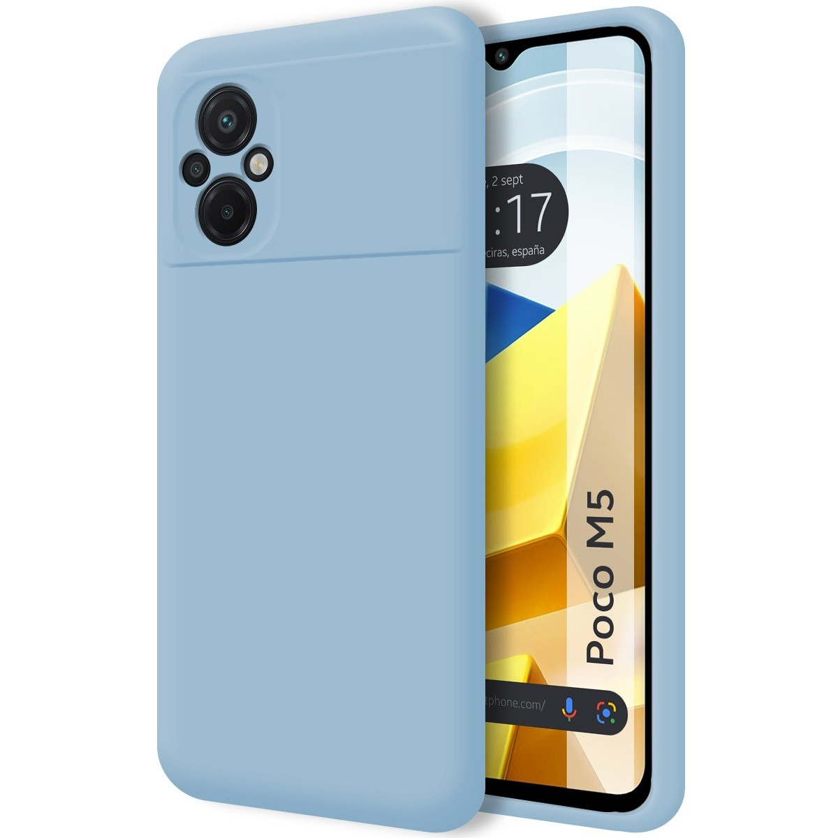 Custodia per telefono azzurra accanto a un telefono con schermo blu.