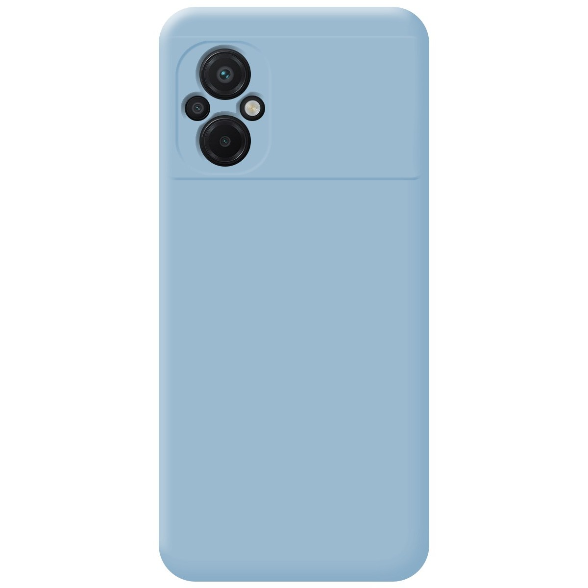Custodia per telefono azzurra con un design minimalista e tre obiettivi della fotocamera.