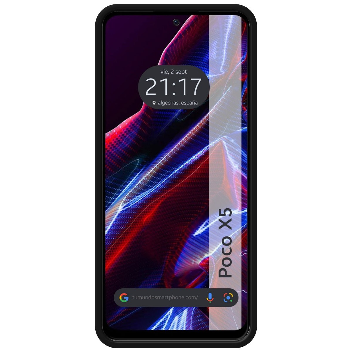 Un telefono con cornice nera che mostra l'ora, '21:17', e il testo 'Poco X5'.