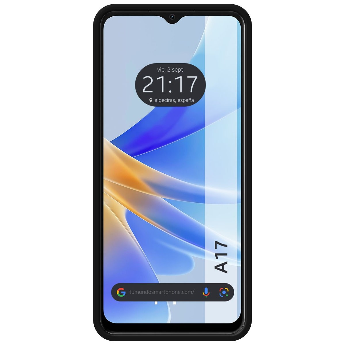 Smartphone che mostra l'ora ad Algeciras, Spagna, con custodia nera.