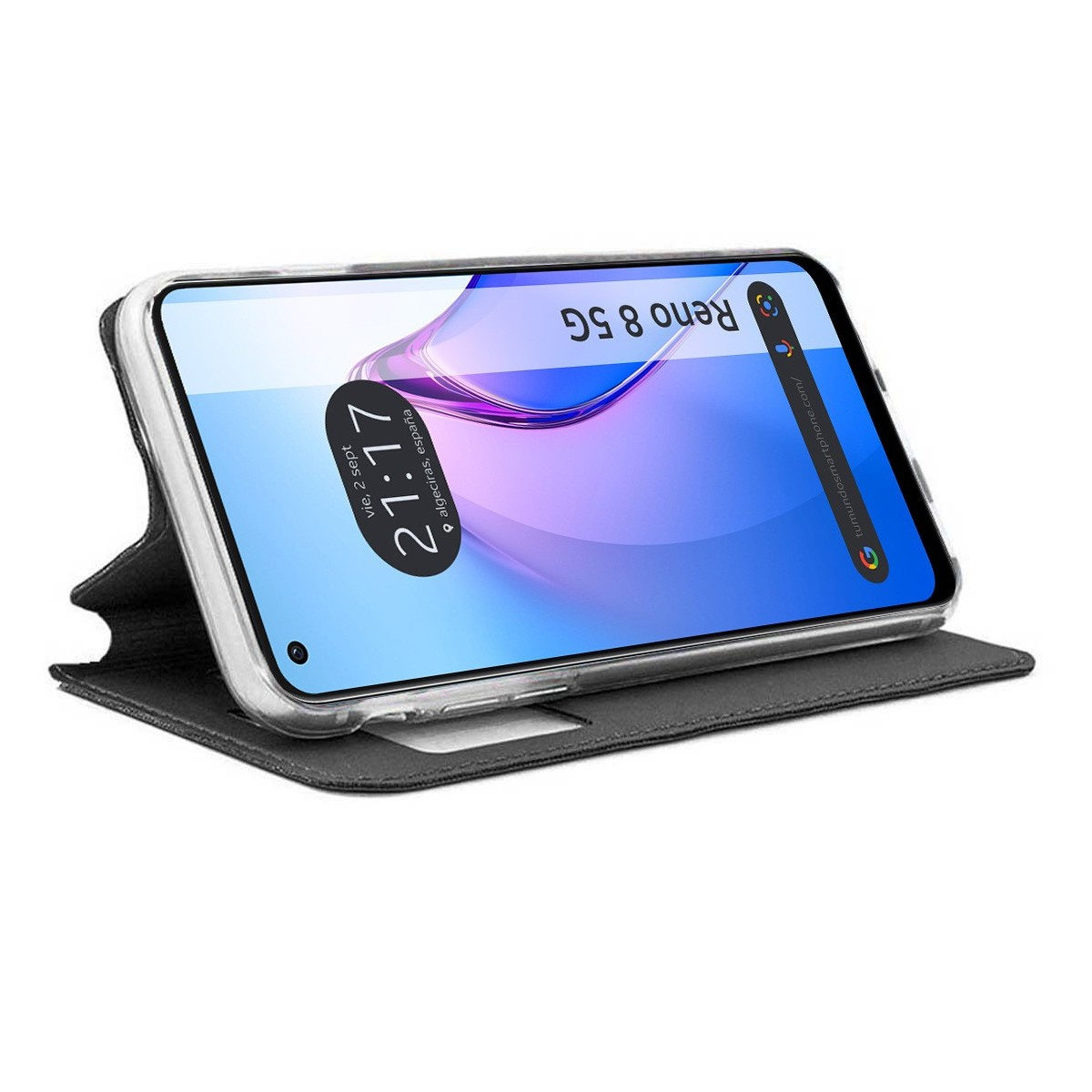 Custodia con telefono che mostra l'ora e testo Reno 8 5G su una cover nera.