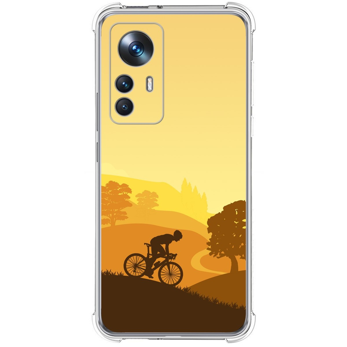Funda de teléfono con un ciclista sobre un fondo amarillo y colinas.