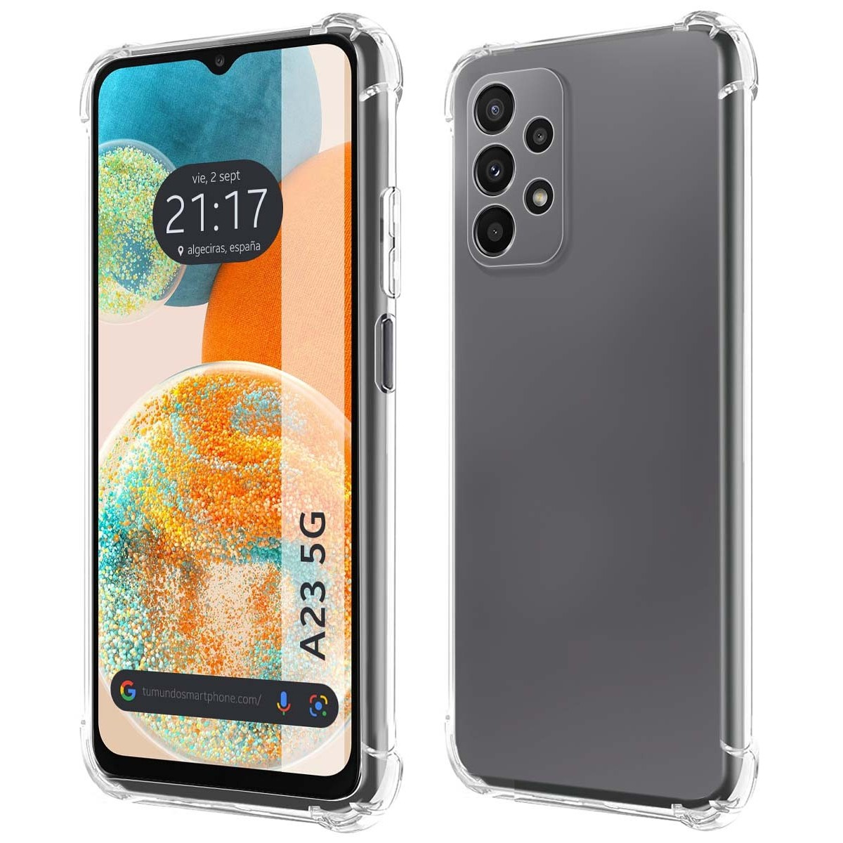Custodia con un design trasparente. Il telefono mostra ora e posizione. A23 5G scritto sul lato.