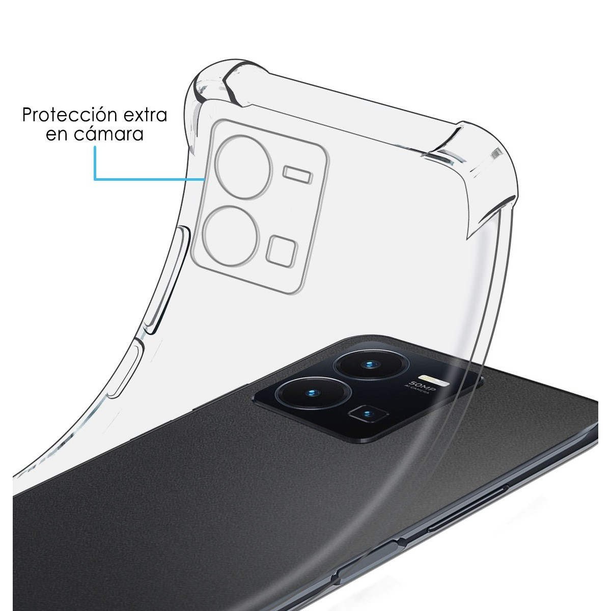 Telefono con custodia trasparente che mostra la fotocamera e le funzioni di protezione del telefono.