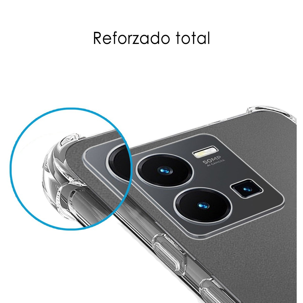 Custodia per telefono con design trasparente. Lo schermo del telefono mostra ora e data.