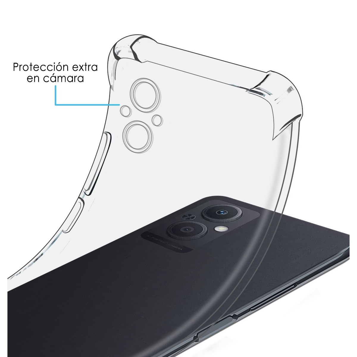 Una custodia trasparente per telefono con protezione extra attorno alla fotocamera.