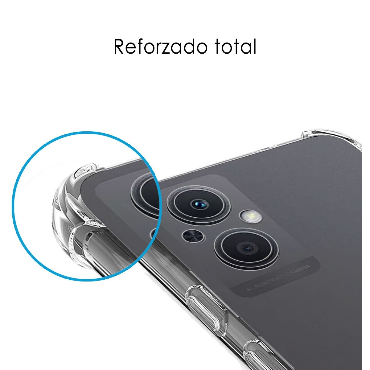 Una custodia trasparente che mostra le lenti della fotocamera e la scritta 'Reforzado total'.