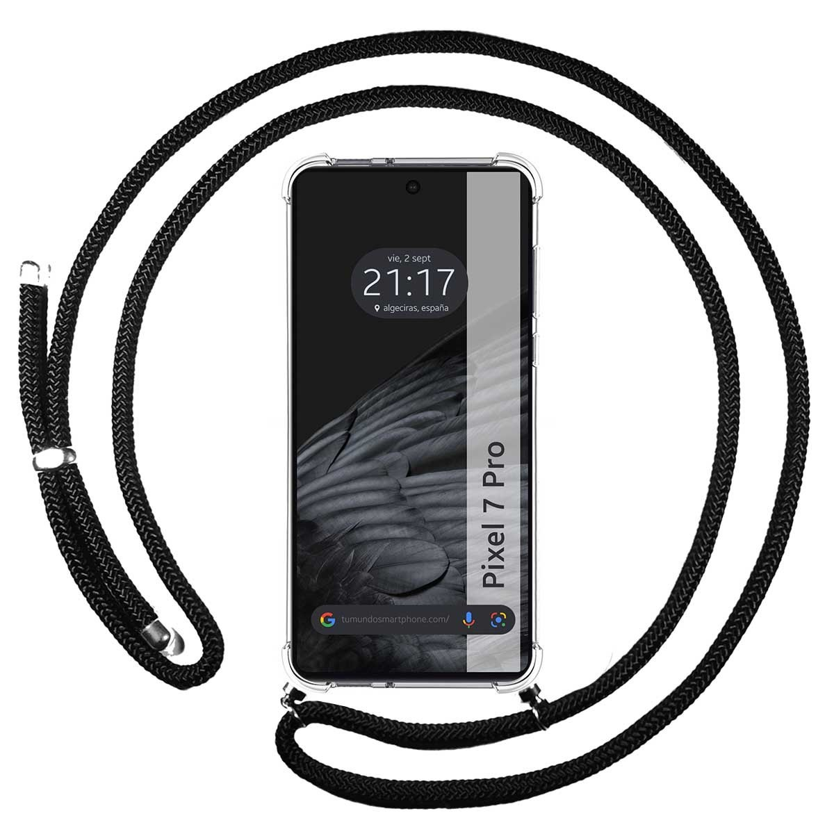 Telefono con custodia con cordino nero e schermo con ora e data.
