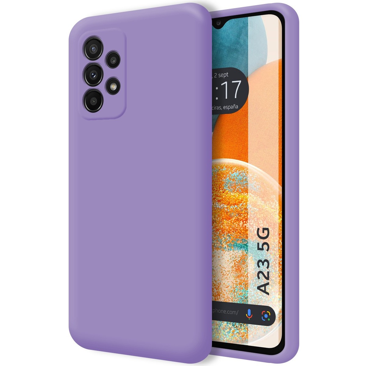 Custodia viola unita e schermo del telefono con sfondo sfumato.