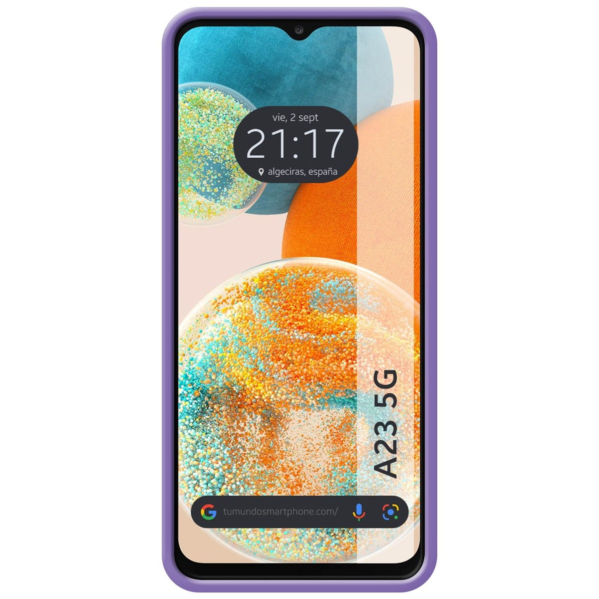 Telefono con custodia viola. Lo schermo mostra data e ora. Lo sfondo ha un motivo colorato.