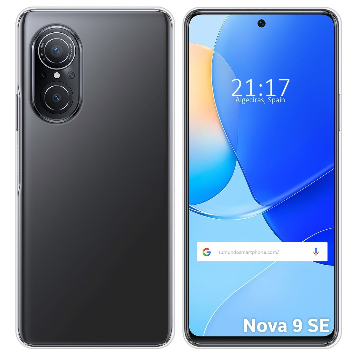 Teléfono negro con cámara dual. La pantalla del teléfono muestra la hora y la ubicación.