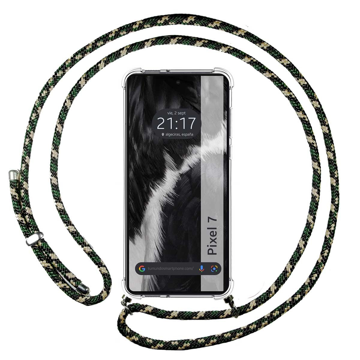 Custodia per telefono con Pixel 7 sullo schermo e cinturino a corda verde-nero.