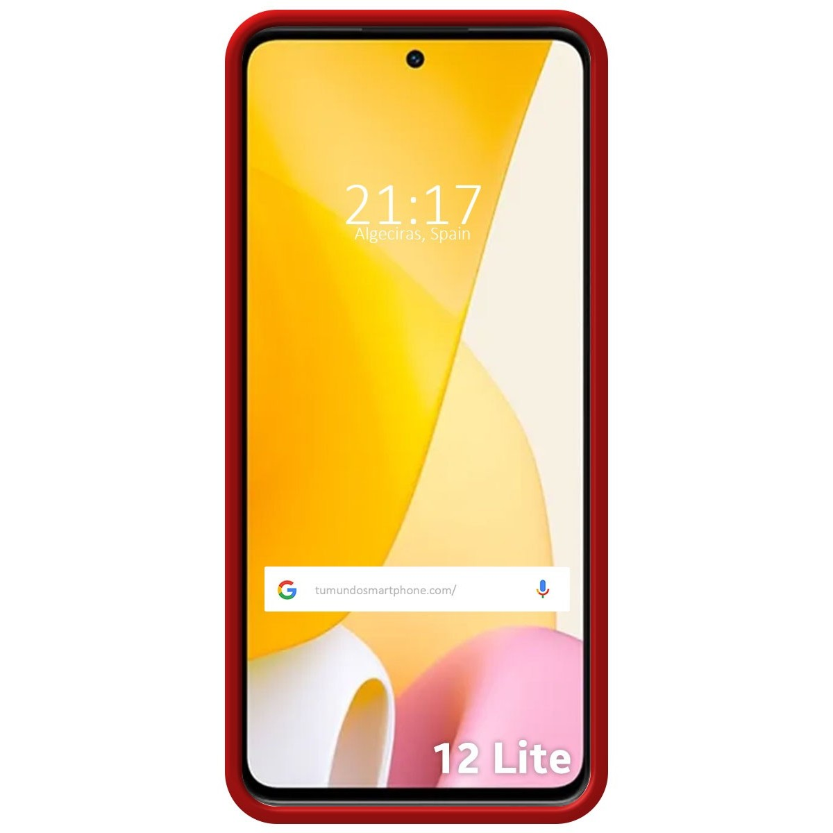 Telefono con design astratto giallo e rosa sullo schermo, bordo rosso. Mostra l'ora e il sito web.