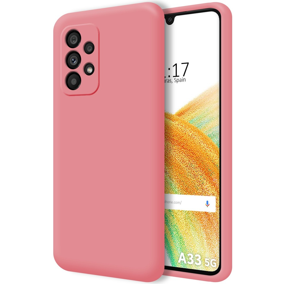 Custodia per telefono rosa con superficie liscia. Lo schermo del telefono mostra l'ora e un indirizzo web.