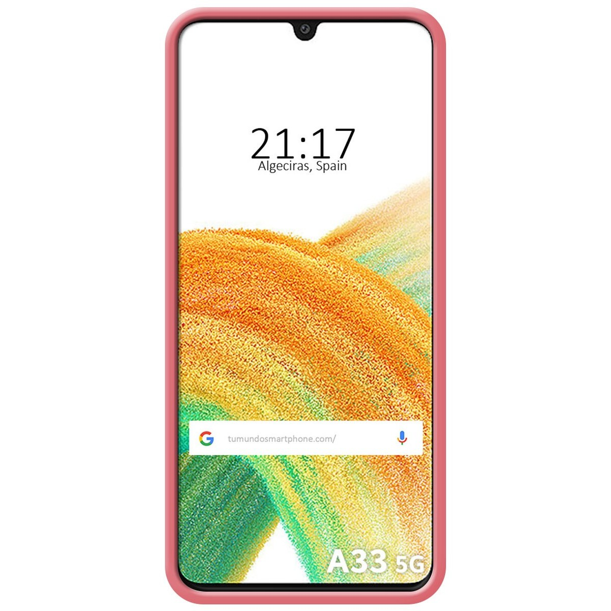Una custodia rosa che incornicia un telefono con uno sfondo sfocato arancione e verde e l'ora visualizzata.