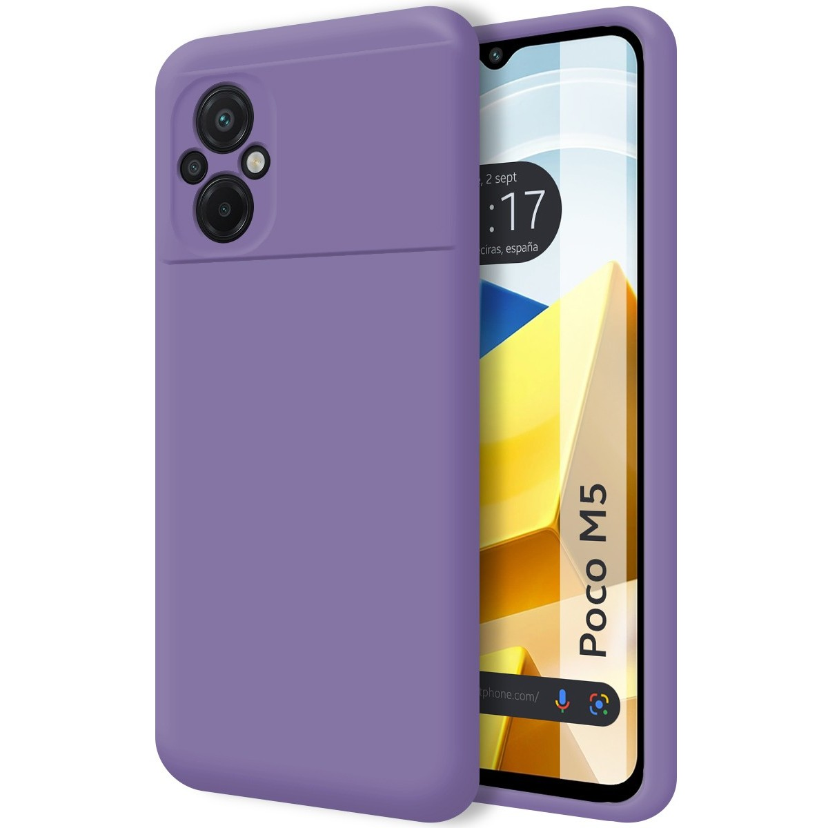 Custodia viola per telefono con lenti della fotocamera e schermo con ora e data.