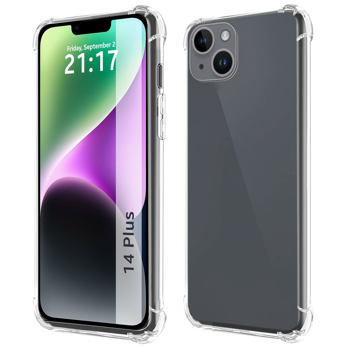 Due telefoni: uno mostra una custodia trasparente, l'altro un telefono con custodia trasparente e l'ora.